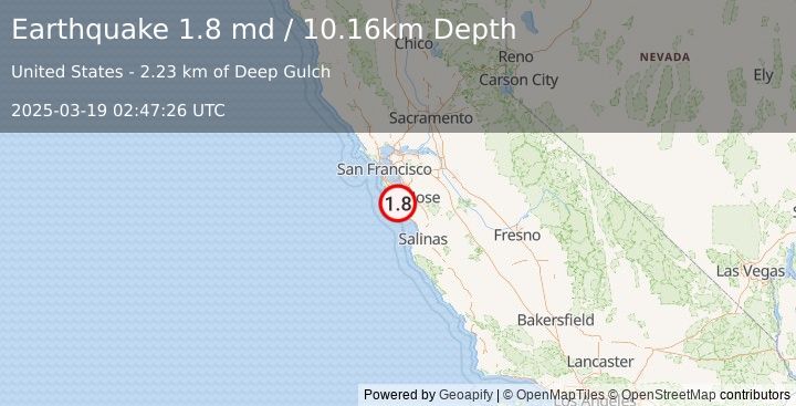 Earthquake 12 km W of Saratoga, CA (1.8 md) (2025-03-19 02:47:26 UTC)