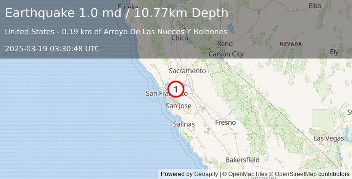 Earthquake 5 km E of Walnut Creek, CA (1.0 md) (2025-03-19 03:30:48 UTC)