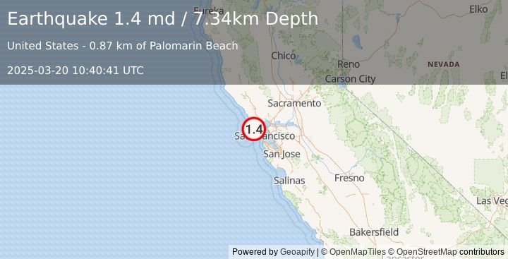 Earthquake 6 km WNW of Bolinas, CA (1.4 md) (2025-03-20 10:40:41 UTC)