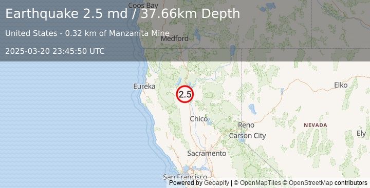 Earthquake 7 km SW of Redding, CA (2.5 md) (2025-03-20 23:45:50 UTC)