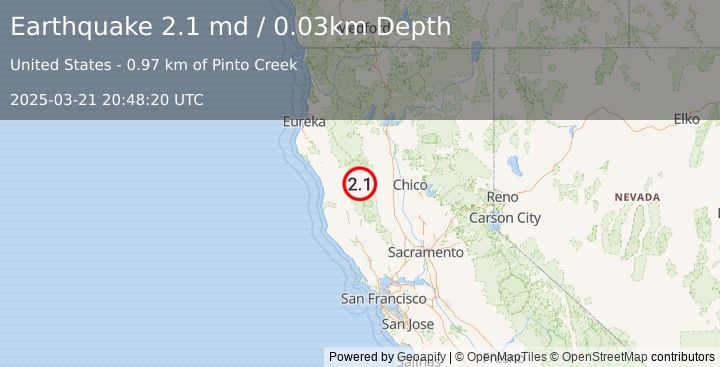 Earthquake 21 km NW of Alder Springs, CA (2.1 md) (2025-03-21 20:48:20 UTC)