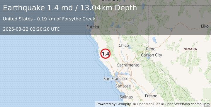 Earthquake 2 km SSW of Redwood Valley, CA (1.4 md) (2025-03-22 02:20:20 UTC)