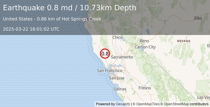 Earthquake 2 km WNW of The Geysers, CA (0.8 md) (2025-03-22 16:01:02 UTC)