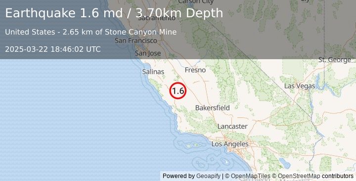 Earthquake 15 km NW of Parkfield, CA (1.6 md) (2025-03-22 18:46:02 UTC)