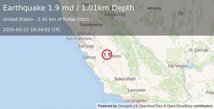 Earthquake 9 km NE of Mendota, CA (1.9 md) (2025-03-22 18:54:02 UTC)