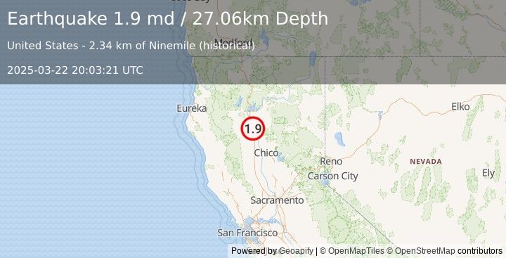 Earthquake 13 km N of Red Bluff, CA (1.9 md) (2025-03-22 20:03:21 UTC)