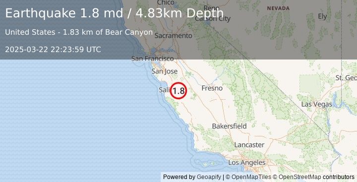 Earthquake 16 km NW of Pinnacles, CA (1.8 md) (2025-03-22 22:23:59 UTC)