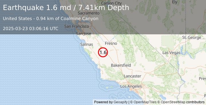 Earthquake 4 km NW of Coalinga, CA (1.6 md) (2025-03-23 03:06:16 UTC)