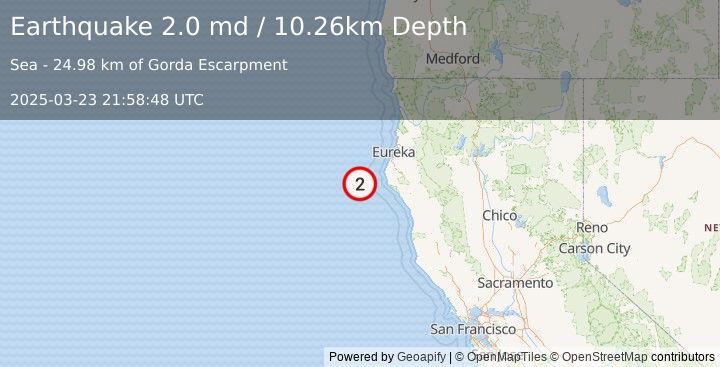 Earthquake 53 km W of Petrolia, CA (2.0 md) (2025-03-23 21:58:48 UTC)