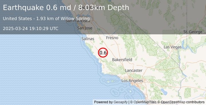 Earthquake 10 km SW of Parkfield, CA (0.6 md) (2025-03-24 19:10:29 UTC)