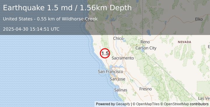 Earthquake 10 km NNW of The Geysers, CA (1.5 md) (2025-04-30 15:14:51 UTC)