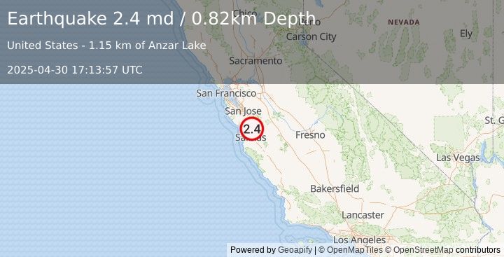 Earthquake 3 km E of Aromas, CA (2.4 md) (2025-04-30 17:13:57 UTC)