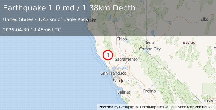 Earthquake 8 km NW of The Geysers, CA (1.0 md) (2025-04-30 19:45:06 UTC)