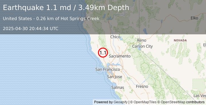 Earthquake 3 km NW of The Geysers, CA (1.1 md) (2025-04-30 20:44:34 UTC)