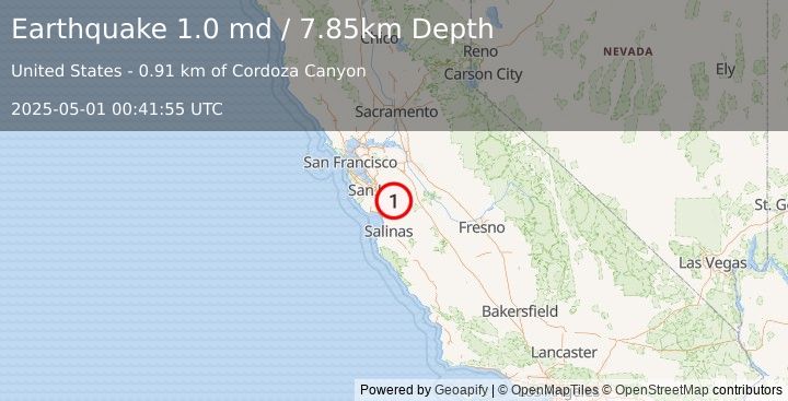 Earthquake 10 km E of Morgan Hill, CA (1.0 md) (2025-05-01 00:41:55 UTC)