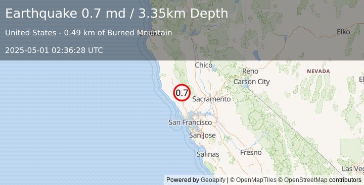 Earthquake 3 km NNW of The Geysers, CA (0.7 md) (2025-05-01 02:36:28 UTC)