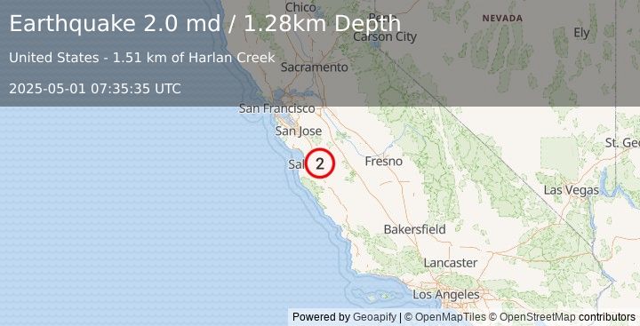 Earthquake 11 km SSW of Tres Pinos, CA (2.0 md) (2025-05-01 07:35:35 UTC)