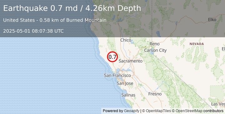 Earthquake 2 km NNW of The Geysers, CA (0.7 md) (2025-05-01 08:07:38 UTC)