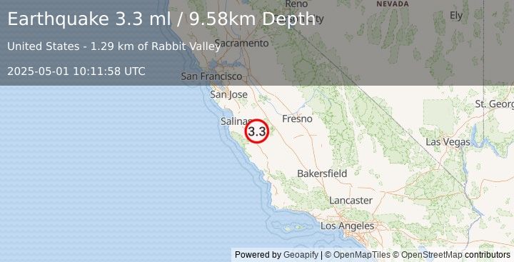 Earthquake 16 km SSE of Pinnacles, CA (3.3 ml) (2025-05-01 10:11:58 UTC)