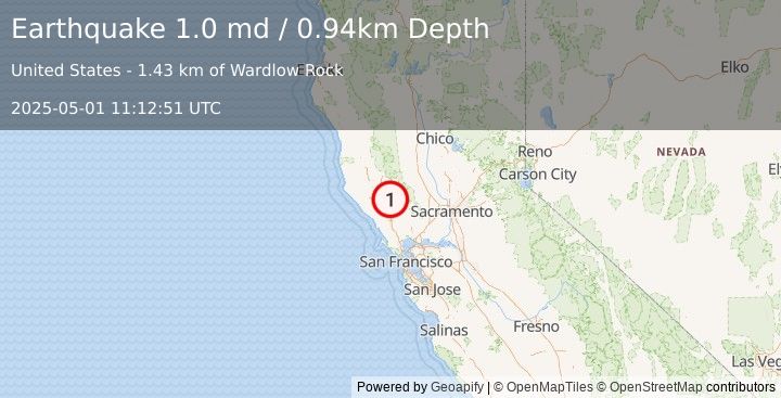 Earthquake 2 km ESE of The Geysers, CA (1.0 md) (2025-05-01 11:12:51 UTC)
