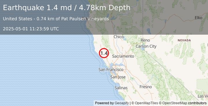 Earthquake 7 km SE of Cloverdale, CA (1.4 md) (2025-05-01 11:23:59 UTC)