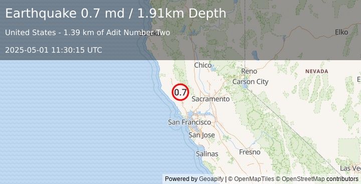 Earthquake 6 km NW of The Geysers, CA (0.7 md) (2025-05-01 11:30:15 UTC)