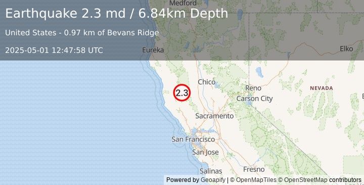 Earthquake 6 km SSE of Lake Pillsbury, CA (2.3 md) (2025-05-01 12:47:58 UTC)