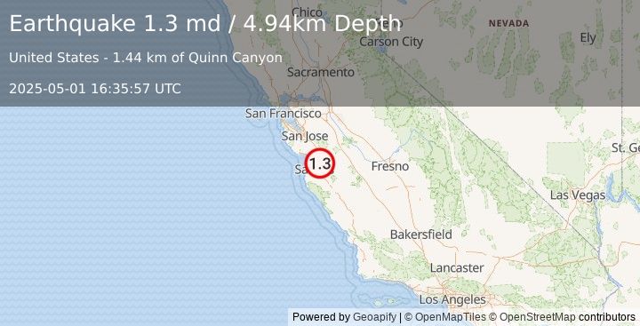 Earthquake 6 km S of San Juan Bautista, CA (1.3 md) (2025-05-01 16:35:57 UTC)