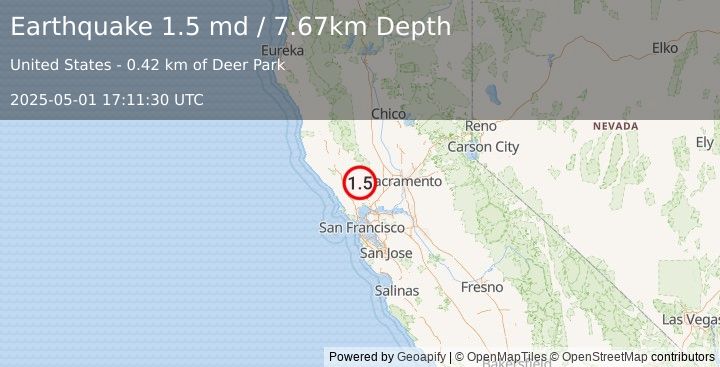Earthquake 3 km NNE of Saint Helena, CA (1.5 md) (2025-05-01 17:11:30 UTC)
