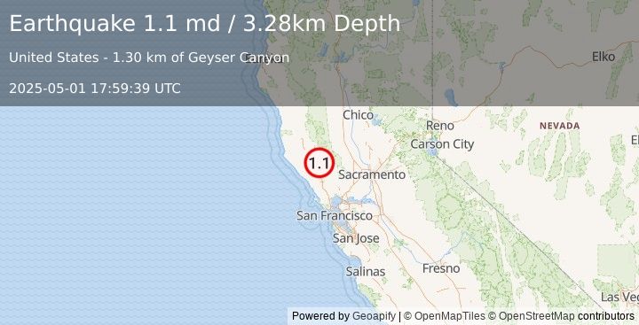 Earthquake 5 km NW of The Geysers, CA (1.1 md) (2025-05-01 17:59:39 UTC)