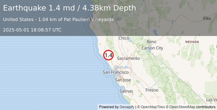 Earthquake 8 km SE of Cloverdale, CA (1.4 md) (2025-05-01 18:08:57 UTC)