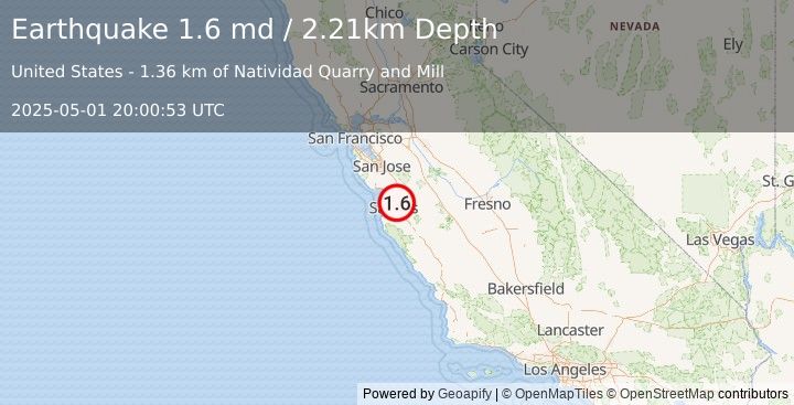 Earthquake 8 km ESE of Prunedale, CA (1.6 md) (2025-05-01 20:00:53 UTC)