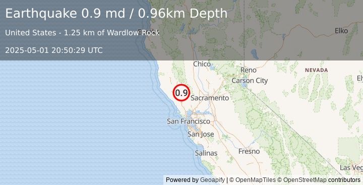 Earthquake 3 km SE of The Geysers, CA (0.9 md) (2025-05-01 20:50:29 UTC)