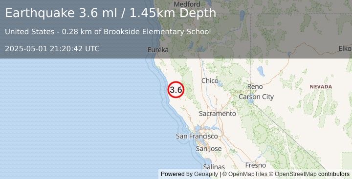 Earthquake 1 km NNW of Willits, CA (3.6 ml) (2025-05-01 21:20:42 UTC)