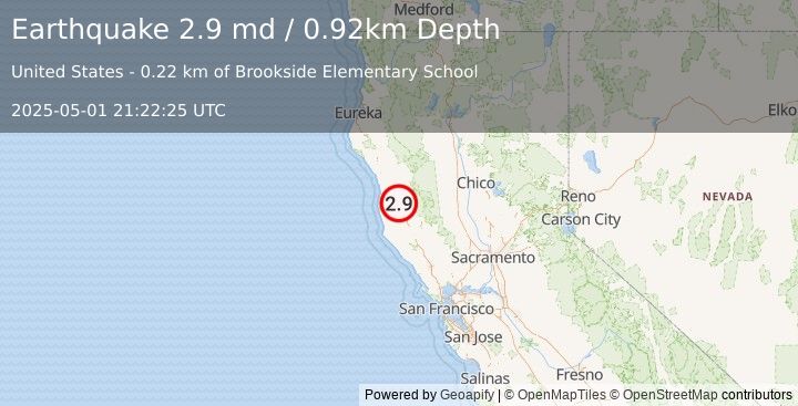 Earthquake 1 km NW of Willits, CA (2.9 md) (2025-05-01 21:22:25 UTC)