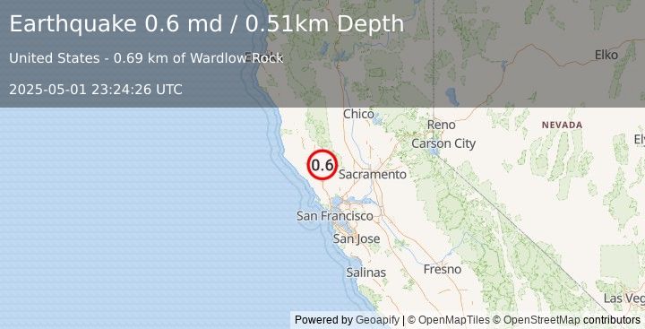 Earthquake 3 km WSW of Anderson Springs, CA (0.6 md) (2025-05-01 23:24:26 UTC)