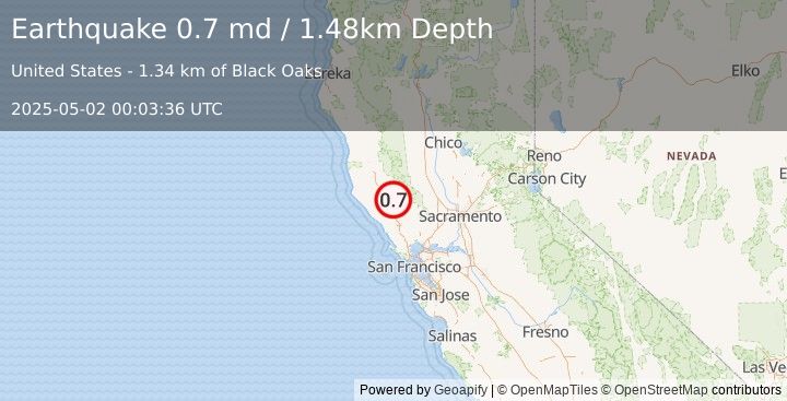 Earthquake 9 km NW of The Geysers, CA (0.7 md) (2025-05-02 00:03:36 UTC)