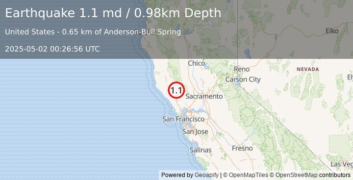 Earthquake 3 km ENE of The Geysers, CA (1.1 md) (2025-05-02 00:26:56 UTC)