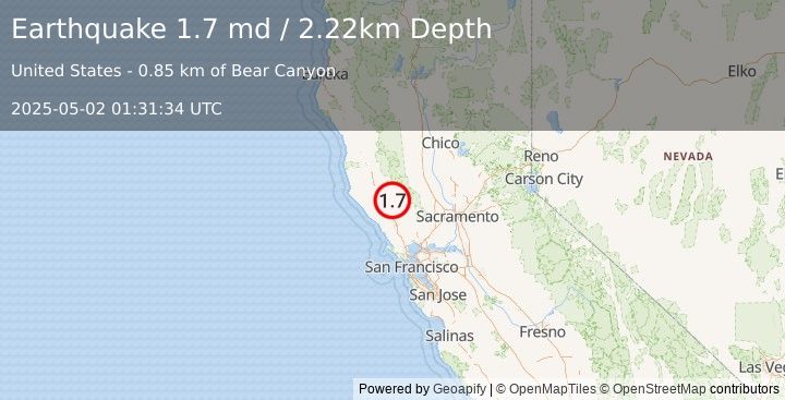 Earthquake 7 km WNW of Cobb, CA (1.7 md) (2025-05-02 01:31:34 UTC)