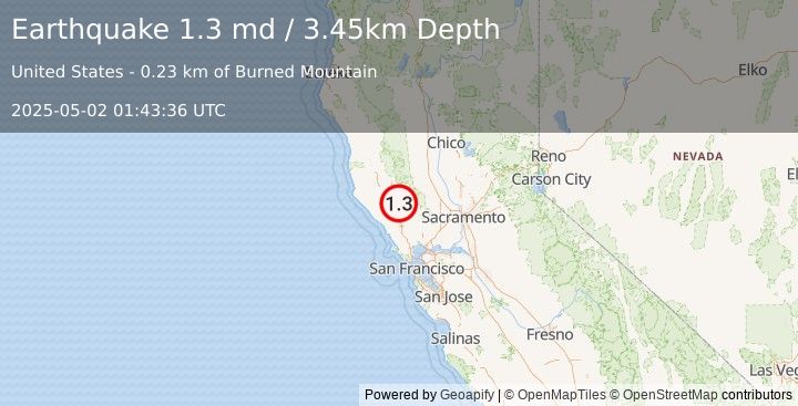 Earthquake 3 km NNW of The Geysers, CA (1.3 md) (2025-05-02 01:43:36 UTC)