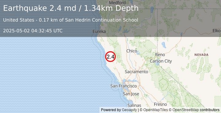 Earthquake 1 km N of Willits, CA (2.4 md) (2025-05-02 04:32:45 UTC)