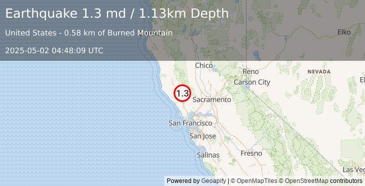 Earthquake 2 km NNW of The Geysers, CA (1.3 md) (2025-05-02 04:48:09 UTC)