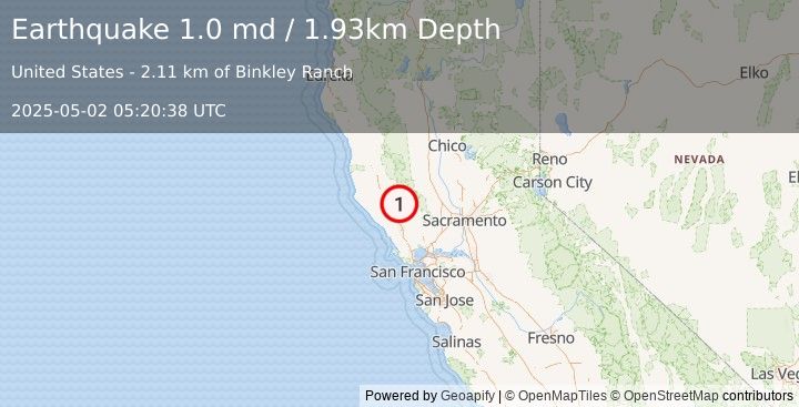 Earthquake 5 km WNW of Cobb, CA (1.0 md) (2025-05-02 05:20:38 UTC)