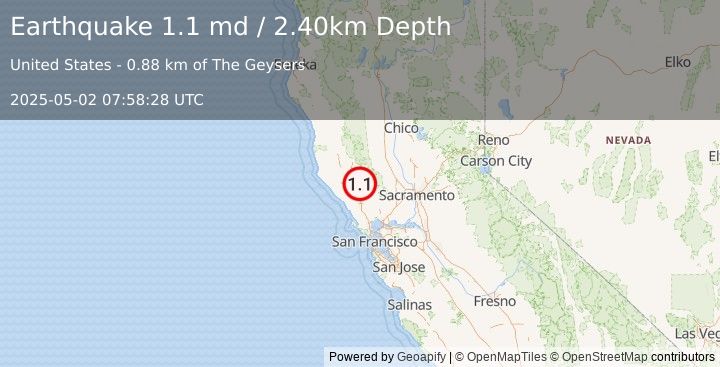 Earthquake 1 km ESE of The Geysers, CA (1.1 md) (2025-05-02 07:58:28 UTC)