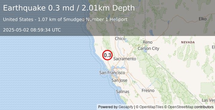 Earthquake 1 km NNW of The Geysers, CA (0.3 md) (2025-05-02 08:59:34 UTC)