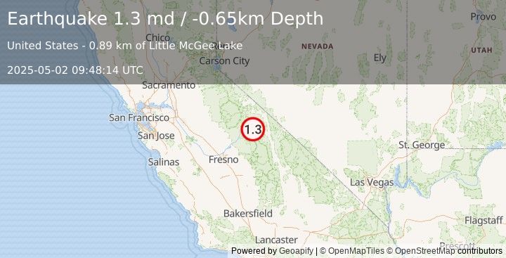 Earthquake 18 km WSW of Toms Place, CA (1.3 md) (2025-05-02 09:48:14 UTC)