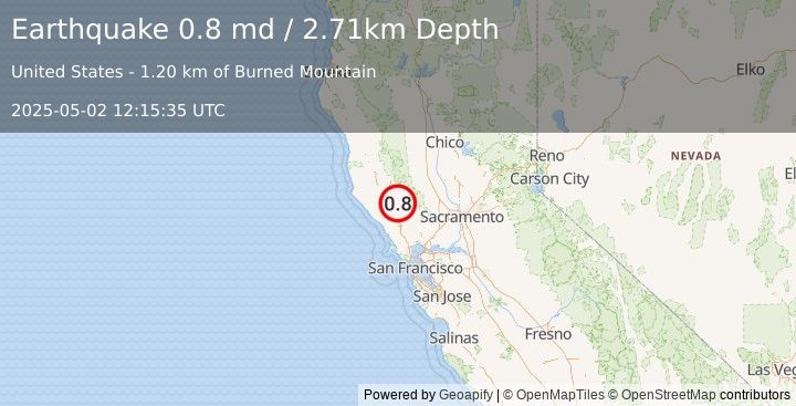 Earthquake 1 km NNW of The Geysers, CA (0.8 md) (2025-05-02 12:15:35 UTC)