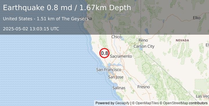 Earthquake 2 km SE of The Geysers, CA (0.8 md) (2025-05-02 13:03:15 UTC)