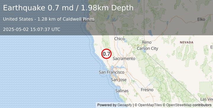 Earthquake 7 km WNW of Cobb, CA (0.7 md) (2025-05-02 15:07:37 UTC)
