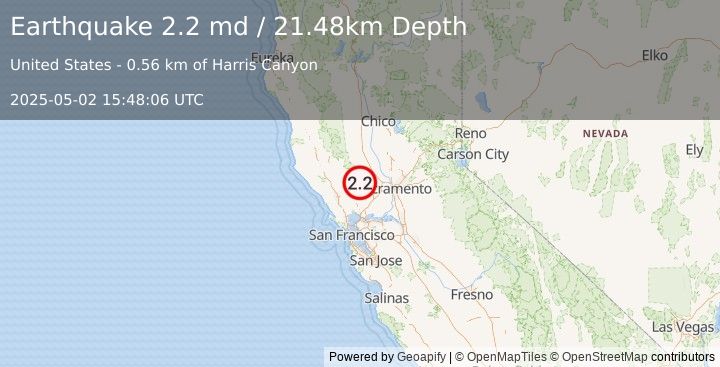 Earthquake 20 km W of Esparto, CA (2.2 md) (2025-05-02 15:48:06 UTC)